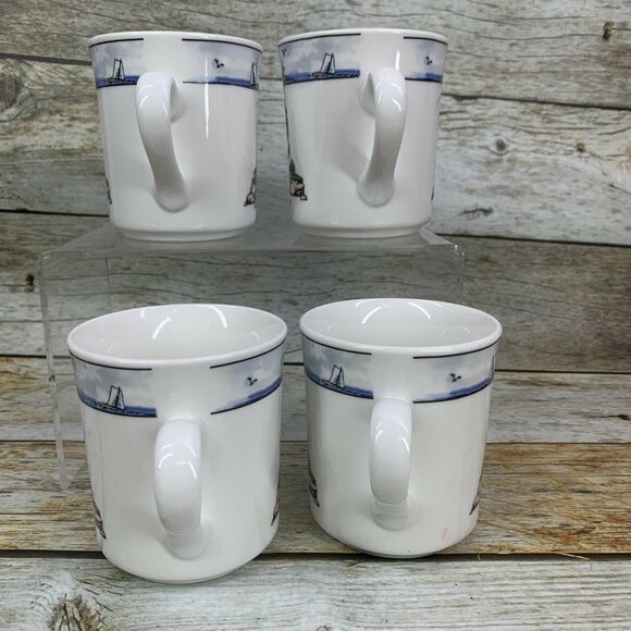 Totally Today COASTAL LIGHTHOUSE Center & Rim Stoneware 8 oz Cups Mugs Set of 4 - Picture 2 of 8
